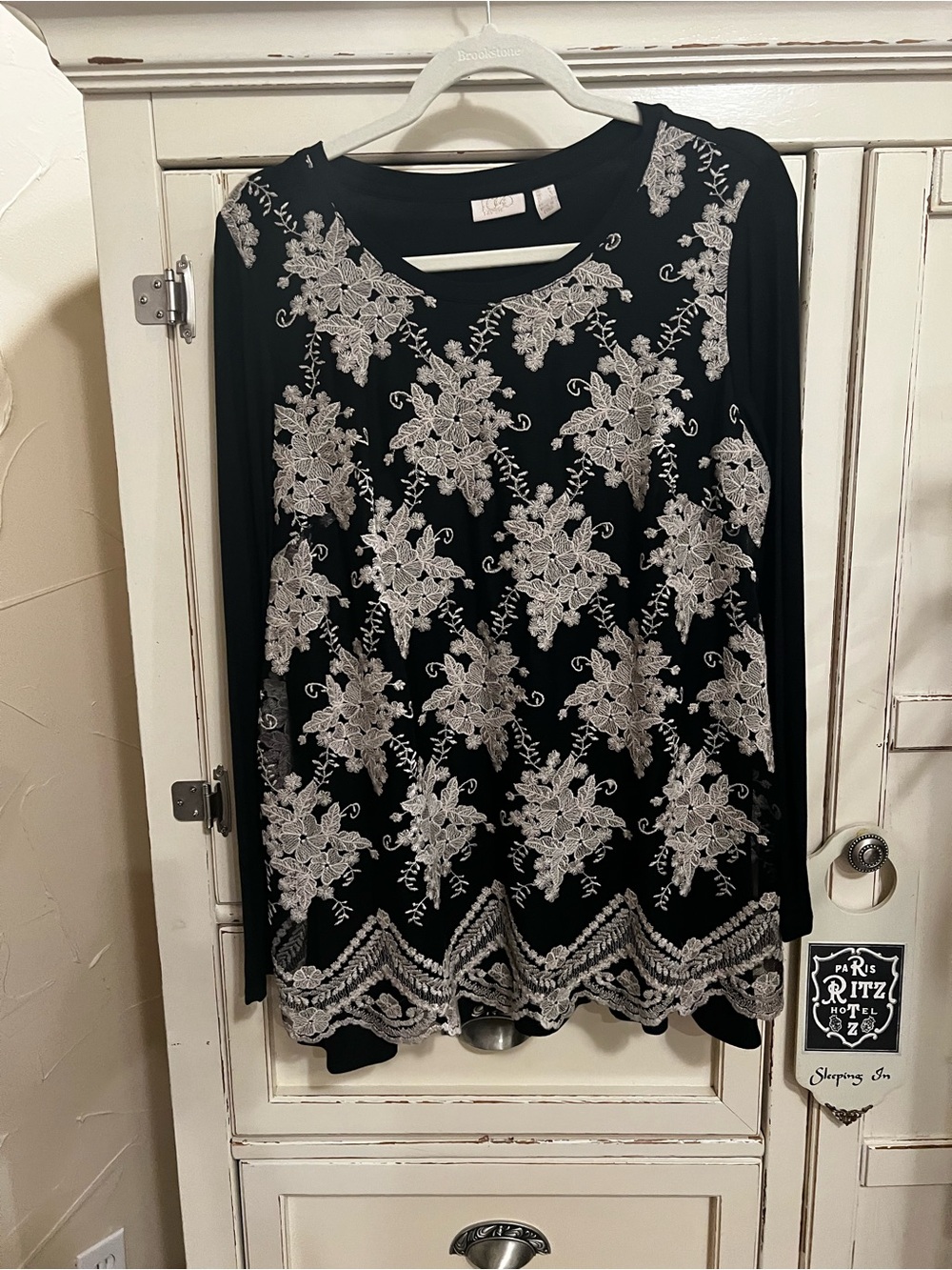 LOGO by Lori Goldstein Black Long-Sleeve Tunic with Cream Lace Embroidery